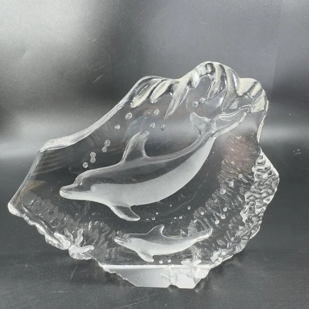 Vintage Clear Crystal Glass Plaque‎ Paperweight Dolphins Figurine Decorative VTG